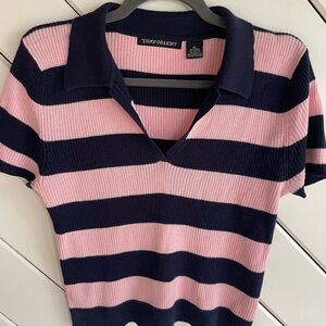 Vintage Tomfoolery Knit Pink and Navy Striped V Neck Polo Top Deadstock Ramie